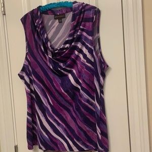 Purple print top with cowl neckline.
